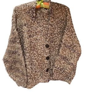 Anthropology En Crème Cardigan Sweater V-Neck Brown & White Thick Knit Size L